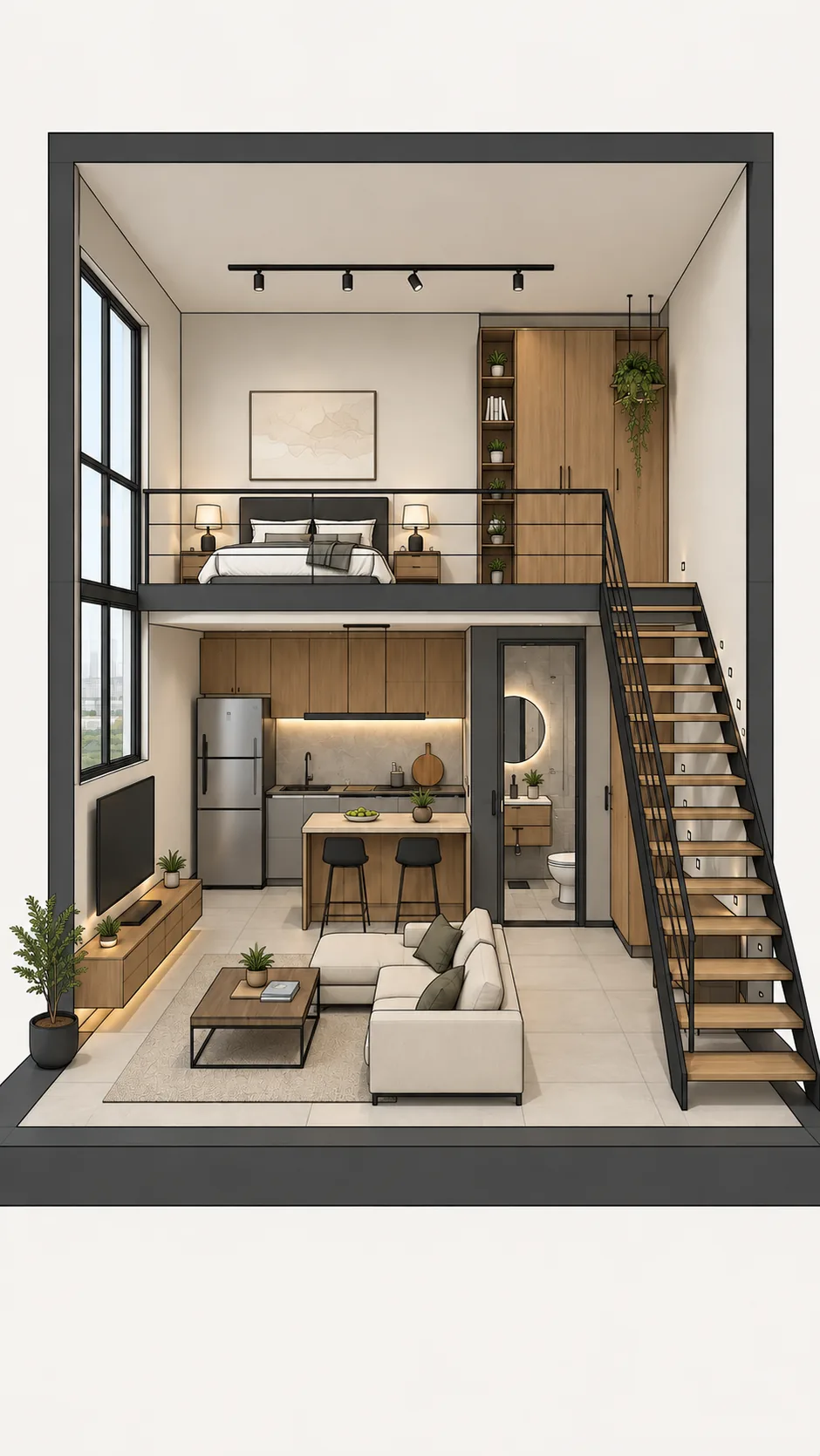 Corte do loft antes do render: volumes, marcenaria e escada em acabamento neutro