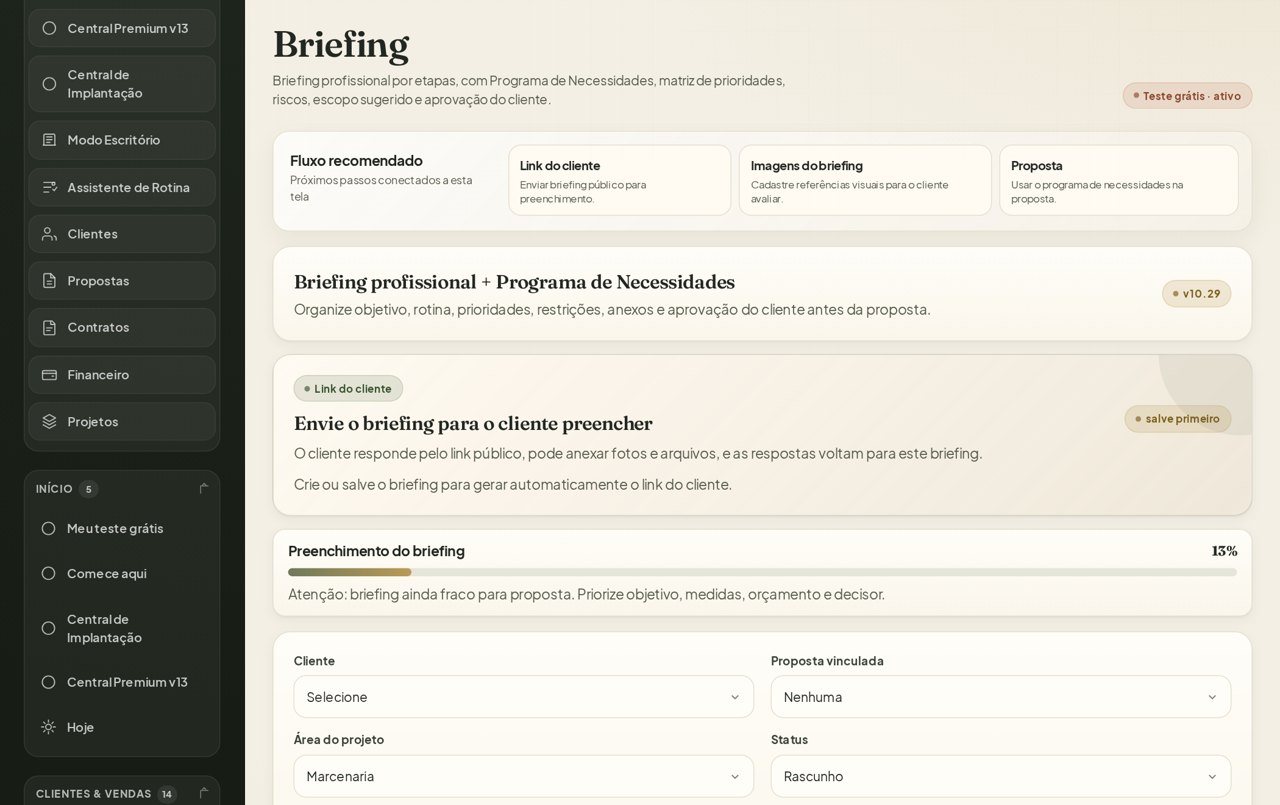 Tela de briefing do Studio Arq Pro